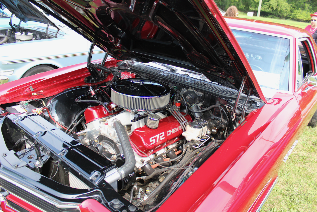 1970s Chevrolet V8 custom engine bay, detail view