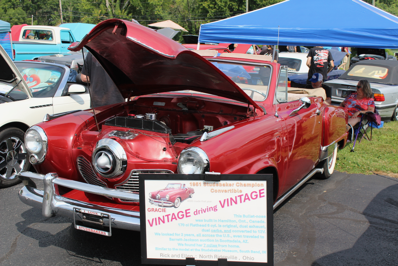 1951 Studebaker Champion convertible, red, hood open front view