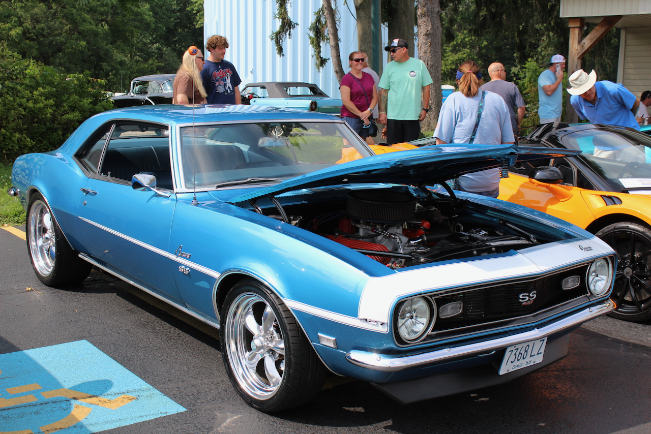 1960s Chevrolet Camaro SS, light blue, hood open front three-quarter view