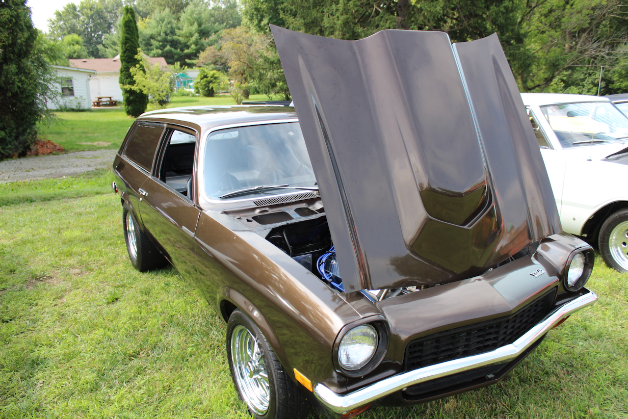 1970s Chevrolet Vega wagon, brown, hood open front three-quarter view